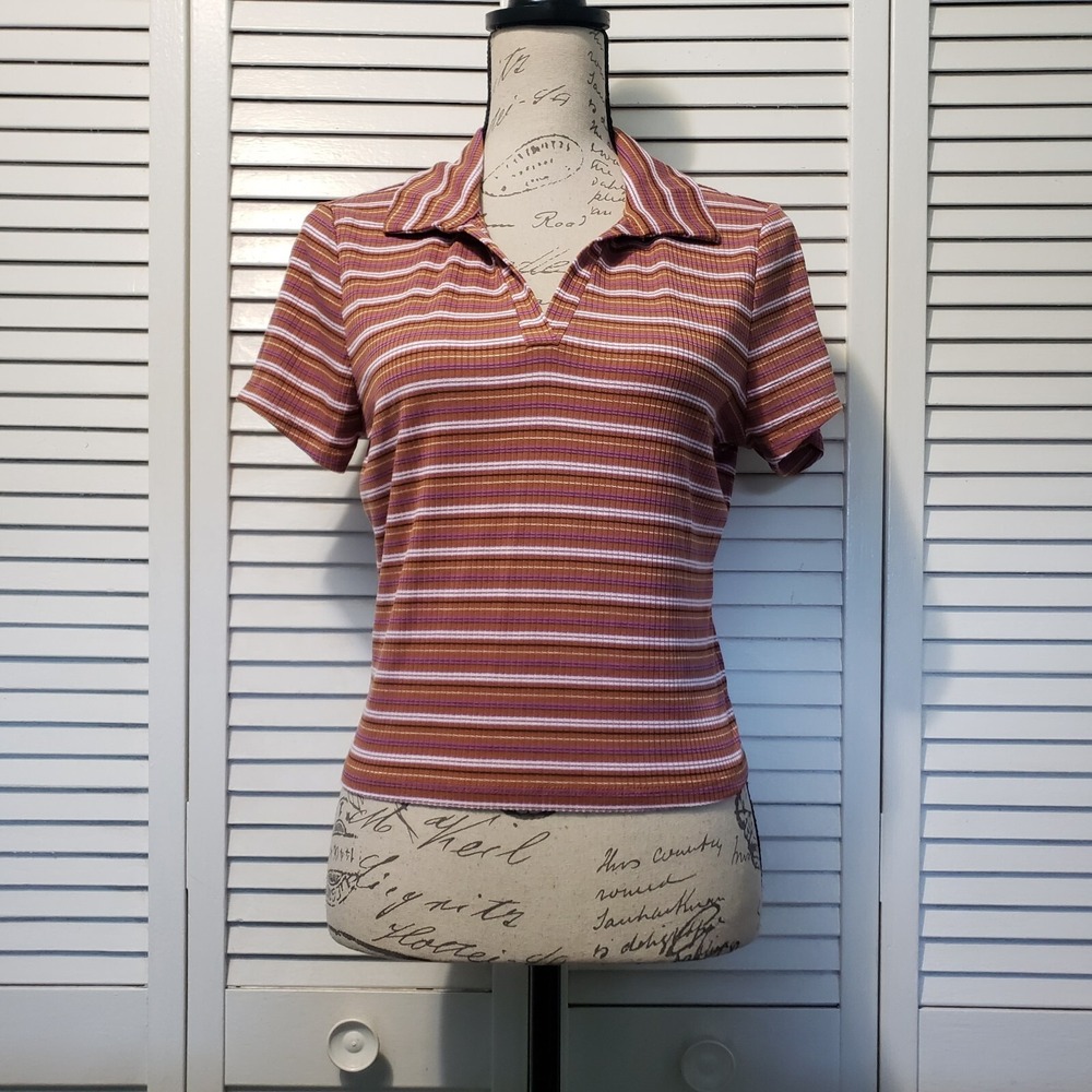 Ultra Flirt Preppy Y2K Ribbed Polo T-Shirt Juniors Size XL In Autumn Stripe